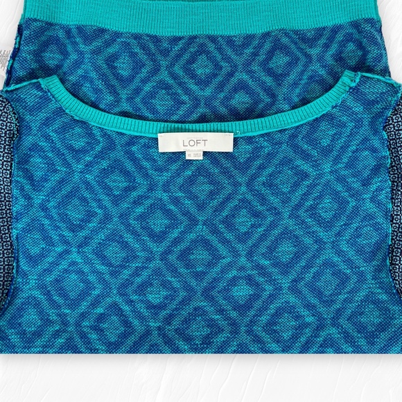 Ann Taylor Loft  Short Sleeve Sweater Geometric Diamond Print Aqua Blue Size XS - Picture 4 of 14
